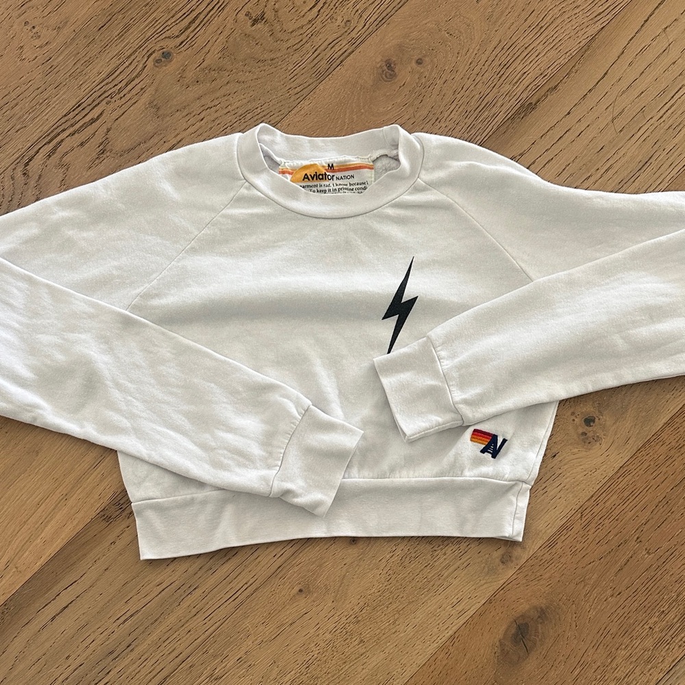Aviator Nation White Cropped Sweatshirt with Black Lightning Bolt